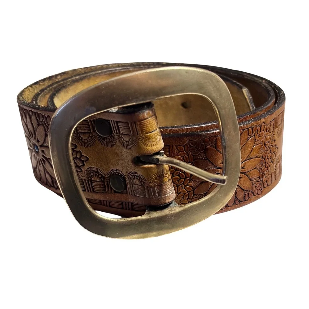 Y2K Vintage Tooled Leather Floral Belt  Brass‎ Buckle Boho Western Flower  36